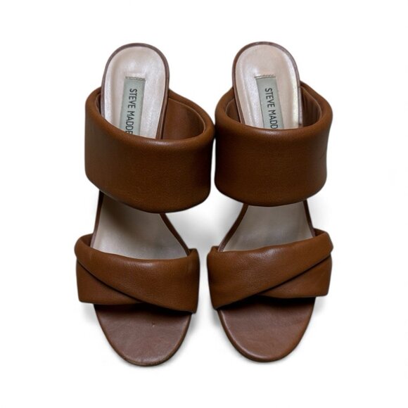 Steve Madden Leather Block Heel Slides Tan Woven Mule Sandals Size 9M - Picture 2 of 5